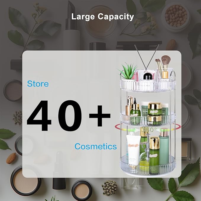 360 Rotating Makeup Organizer, 3 Tier Large Capacity Lazy Susan Bathroom Counter Organizer, Skincare Organizers, Spinning Per