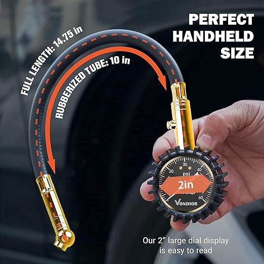 Vondior Tire Pressure Gauge with Tube (0-60 PSI), Air Pressure Gauge Certified ANSI Accurate with Large Easy to Read Glow Dial, Tire Pressure Gauge for Car Trucks Bicycle Tires