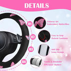 CAR PASS Embroidery Butterfly Steering Wheel Cover and Waterproof Car Floor Mats,Pink Car Mats 14.5-15inch Steering Wheel Cov
