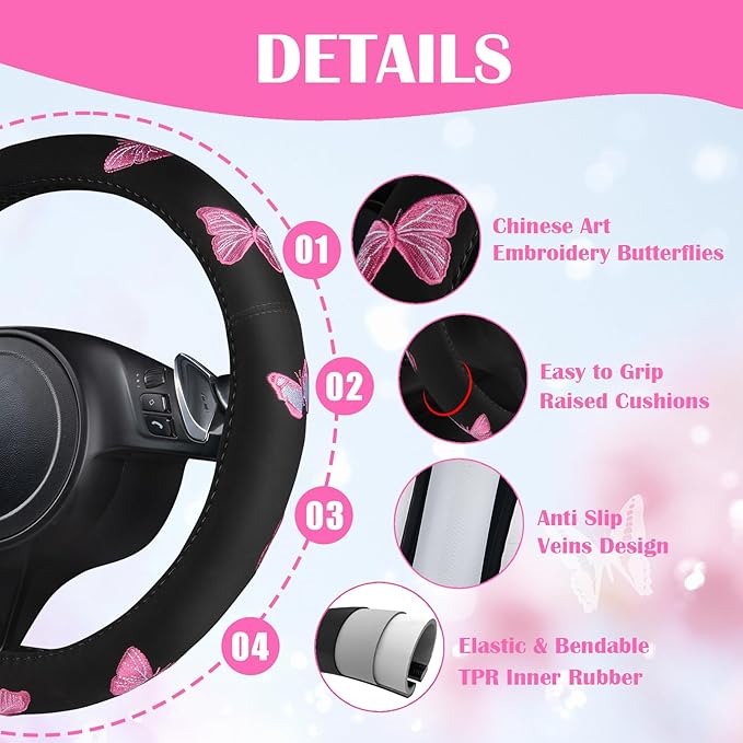 CAR PASS Embroidery Butterfly Steering Wheel Cover and Waterproof Car Floor Mats,Pink Car Mats 14.5-15inch Steering Wheel Cov