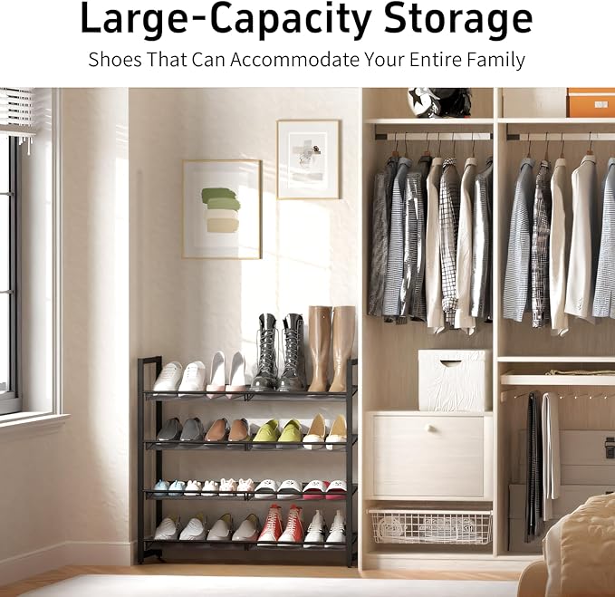 Metal Shoe Rack for Closet,entryway, 4-Tier Shoe Organizer, Adjustable Flat or Angled Shelves, Holds up to 20 Pairs Shoes, Bl