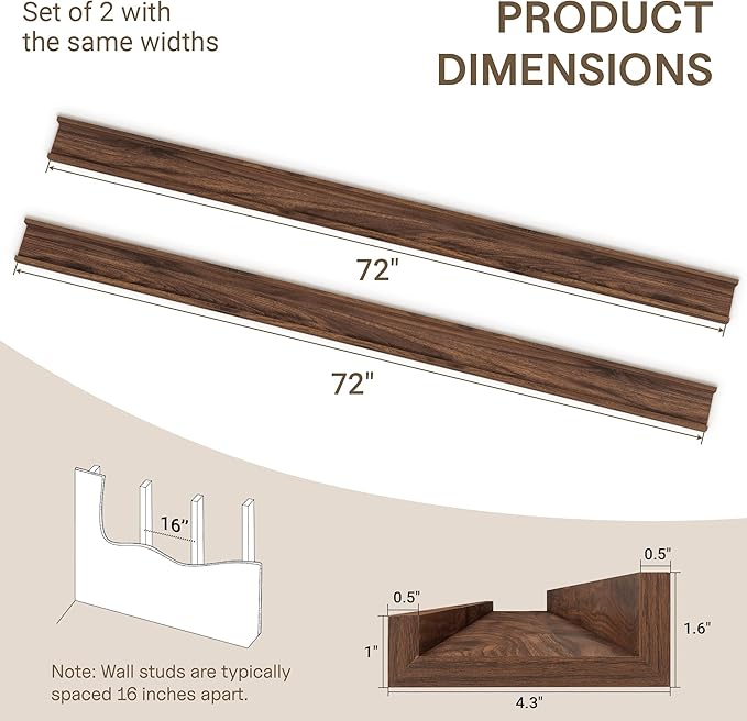 Fun Memories Long Wall Shelves Set of 2-72 Inch Floating Shelves for Wall - Picture Ledge Shelf with Lip for Storage - Wall -