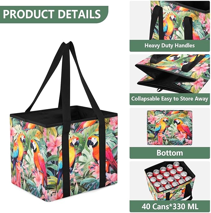 Colorful Parrot Birds Reusable Grocery Bags Large Shopping Tote Bag with Reinforced Bottom Board, Water Resistant Foldable St