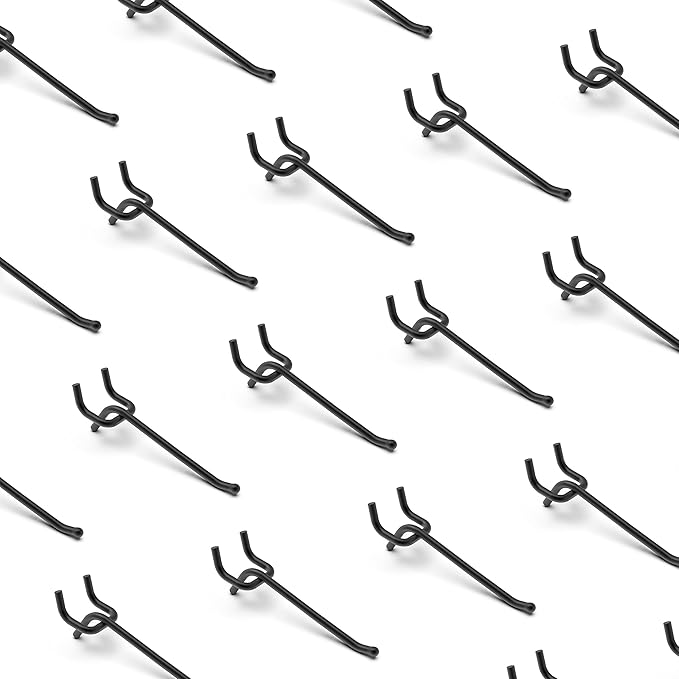 HUHOLE 25 Pack Black Pegboard Hooks 4 Inch – Heavy Duty Metal L-Hooks for 1/4" Peg Board – Garage Tool Organizer, Retail Disp