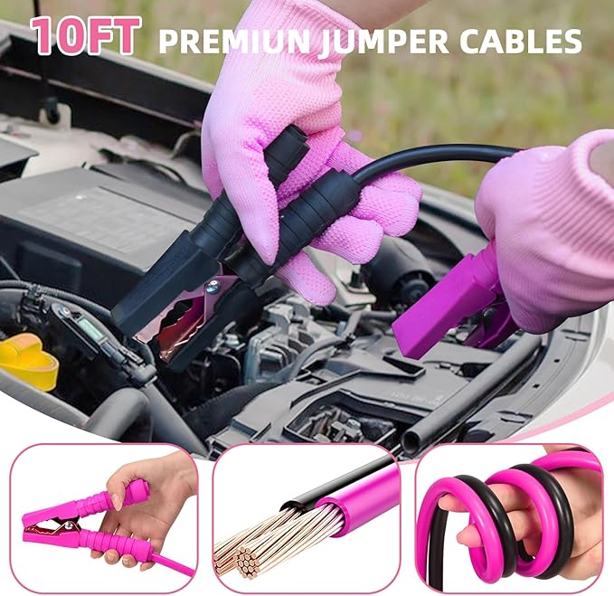 Roadside Emergency Car Kit for Vehicles, Pink Car First Aid Kit Emergency Kit with Jumper Cables, Car Safety Kits, Tow Strap,