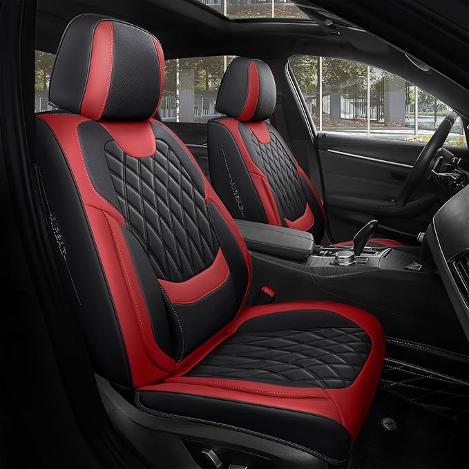 FREESOO Black Red Car Seat Covers Full Set - Faux Nappa Leather Seat Covers for Cars, Breathable Waterproof Front Seats with 