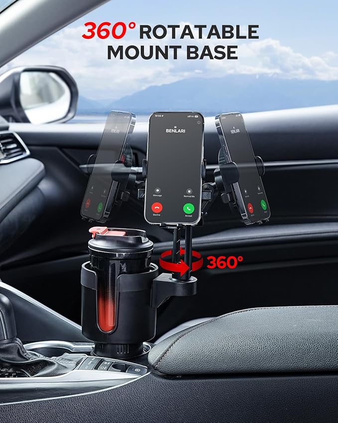 Benlari Upgraded Car Phone Holder - 2 in 1 Adjustable Cup Holder Expander Support 360° Degree Rotation - Car Cup Holder Phone Mount Compatible with All Smartphones
