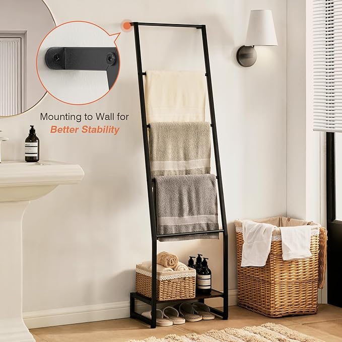 DGWJSU Blanket Ladder, 5 Tier Ladder Shelf,Wooden Blanket Ladders for Living Room and Bedroom, 5.2ft Blanket Holder Rack Farm