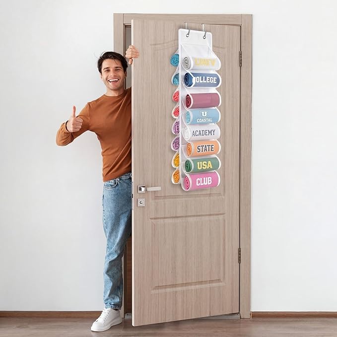 Over The Door Hoodie Organizer, Double Sided Holds 16 Hoodies, White Hanging Storage with 2 Hooks and Rope for Door Closet Ca