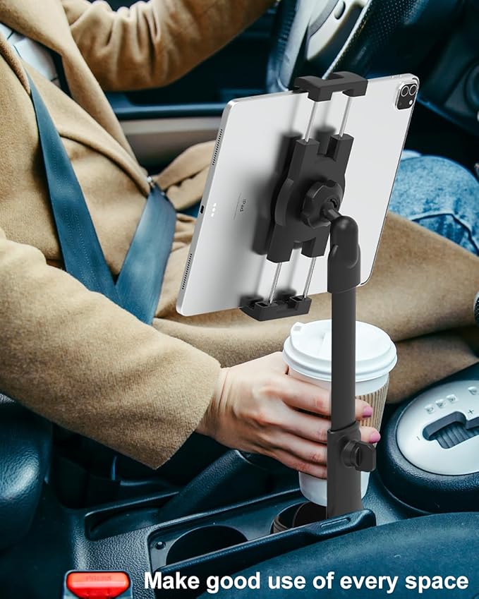woleyi Cup Holder Tablet Holder for Car Mount - [3 in 1 Expander Bottle] Car Cup Tablet Mount for Car/Truck with Height Adjustable Metal Arm, for iPad Pro Air Mini, Galaxy Tab, Z Fold, 4.7-13" Devices