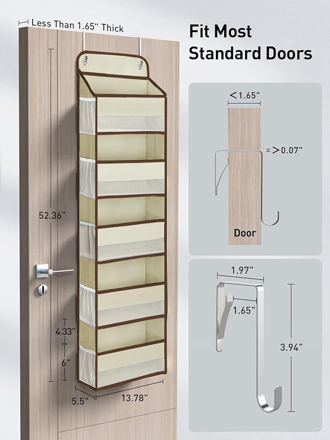 Yecaye 1 Pc 5 Tier Over the Door Organizer with 15 Pockets | 44lb Load Over the Door Storage | No Sagging Closet Organizers a