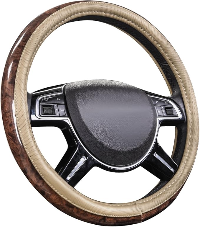 CAR PASS Wood Grain 14.5-15 inch Microfiber Leather Steering Wheel Cover, Anti-Slip Veins Design Steering Wheel Universal Fit