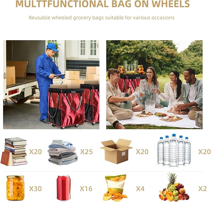 (Medium, Red) Reusable Grocery Bag on 4 Wheels, Foldable Rolling Tote Carries Up to 66lb Shopping Trolley, Rolling Bag with 3 Handles, Zipper Clouser Rolling Tote Bag with Wheels for Laundry