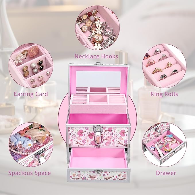 Hododou Girls Jewelry Box Organizer with Drawer & Mirror, Shiny Pink Style Lockable Storage Case for Kid or Little Girls Jewe