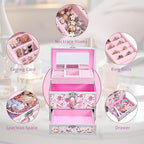 Hododou Girls Jewelry Box Organizer with Drawer & Mirror, Shiny Pink Style Lockable Storage Case for Kid or Little Girls Jewe