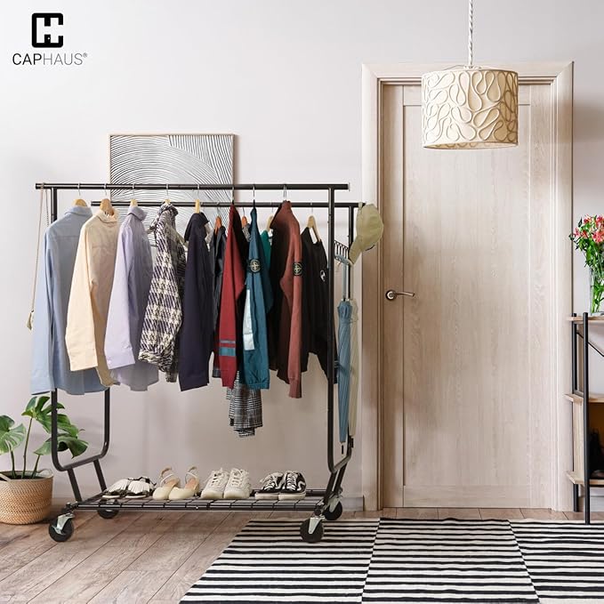 CAPHAUS Heavy Duty Clothes Rack with Double Rods, 660LBS Capacity Rolling Clothing Rack for Hanging Clothes, Adjustable Metal