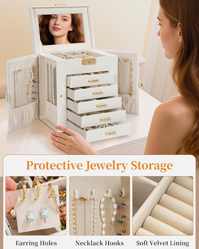 TORIBIO Large Jewelry Box for Women, Leather Jewelry Organizer with Mirror & Lock, 6-Tier Jewelry Storage Case for Girls/Wome
