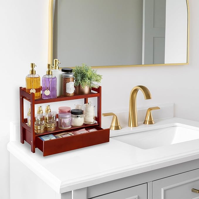 Sorbus Bamboo Bathroom Counter Organizer – 2-Tier Shelf with Hidden Drawer for Vanity, Matcha Station, Bathroom Sink Organize