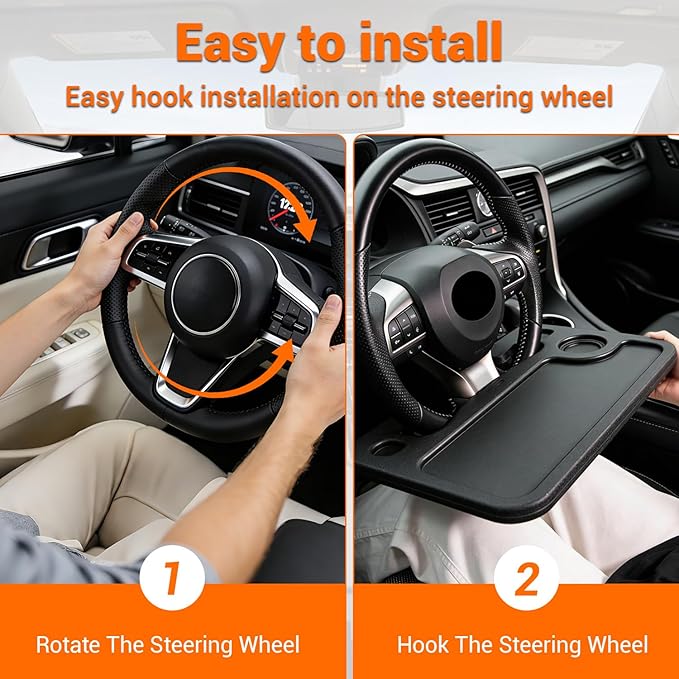 Car Steering Wheel Desk for Laptop and Eating – Multipurpose Rolling Tray Table, Portable Car Accessories for Travel, Work & Food, Universal Steering Wheel Under Table Console (Black)