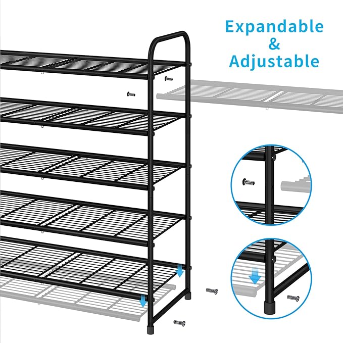 Simple Trending 5-Tier Stackable Shoe Rack, Expandable & Adjustable Shoe Organizer Storage Shelf, Wire Grid, Black