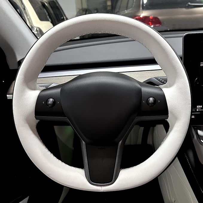 MEWANT Hand Stitched White Leather Tesla Model 3 Steering Wheel Cover for Tesla Model 3 2017-2023 / Model Y 2020-2023 for Tesla Model 3/Y Accessories