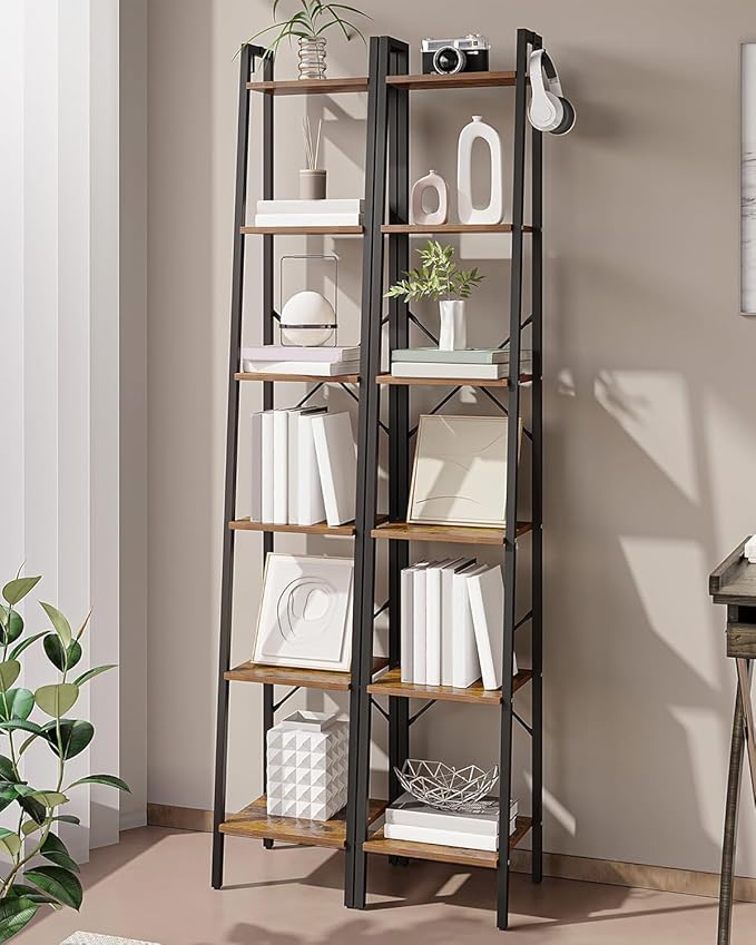 Hzuaneri Ladder Shelf, Bookshelf Bookcase, Freestanding Corner Storage Shelve with 2 Hooks for Home Office, Living Room, Kitc