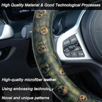 Embossed Skull Steering Wheel Cover, Skull Car Accessory, Microfiber Leather with Anti-Slip Lining, Fits 14.5"-15" Steering Wheels (Black Gold Green)