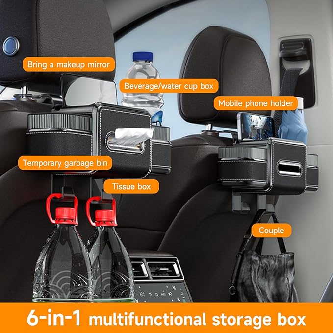 Multifunctional Car Seat Back Organizer Box with Drink Cup Holder, Makeup Mirror, Tissue Box& Hooks for Car Seat Back, New Upgrade Car Headrest Backseat Organizer Suitability for Wife, Girlfriend