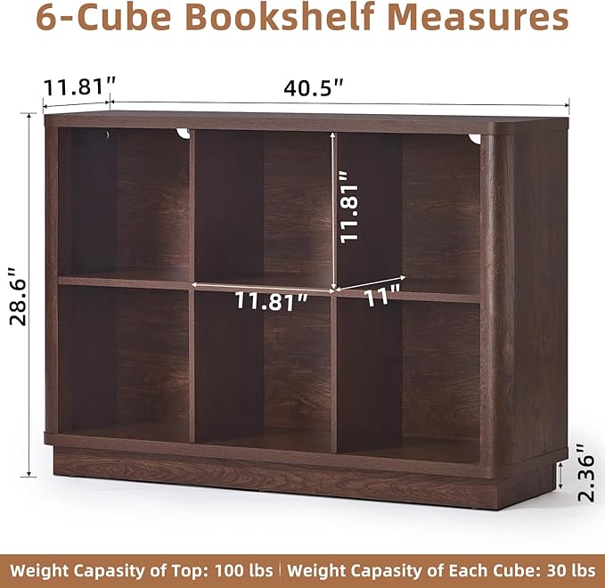 Joaxswe 6 Cube Storage Bookcase, 40" Wide Low Horizontal Book Shelf with Curved Edge, Wood Floor Standing 2-Tier Bookshelf wi