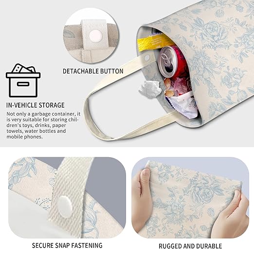 Cute Car Trash Can, Hanging Canvas Car Back Seat Organizer and Storage Bag, Funny Car Trash Bag For Travelling, Outdoor Cute Blue Flowers