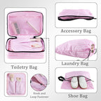 U+U 10 Set Compression Packing Cubes - Ultralight Pink Stripe Travel Organizers with Laundry Bag, Space-Saving Suitcase Organ