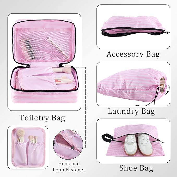 U+U 10 Set Compression Packing Cubes - Ultralight Pink Stripe Travel Organizers with Laundry Bag, Space-Saving Suitcase Organ