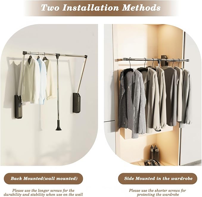 Pull Down Closet Rod Stainless Steel,35"-48" Adjustable Wardrobe Lift Rail Rod,60 lbs Load Capacity,Side & Back Mounted Close