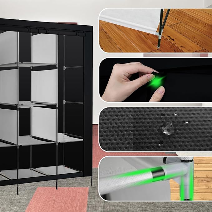 PLKO Portable Closet, Wardrobe Closet Organizer,Portable Clothes Closet Rolling Door Wardrobe with Black Oxford Fabric Cover 