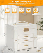 AKOZLIN 4-Tier Jewelry Box Leather Jewelry Storage Organizer with 3 Drawers Lockable for Women Girls Ring Necklace Earring Br