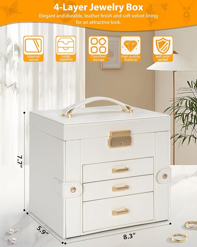 AKOZLIN 4-Tier Jewelry Box Leather Jewelry Storage Organizer with 3 Drawers Lockable for Women Girls Ring Necklace Earring Br