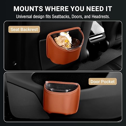 Car Trash Can with Removable Leakproof Liner – Clip On Trash Bin for Seat Back, Door Pocket & Headrest – Sturdy PU Leather Garbage Can Organizer for Luxury Cars, SUV, Truck & Sedan