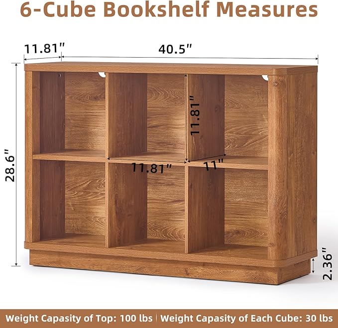 Joaxswe 6 Cube Storage Book Shelf, 40" Wide Low Horizontal Bookcase with Curved Edge, Floor Standing 2-Tier Wooden Bookshelf 