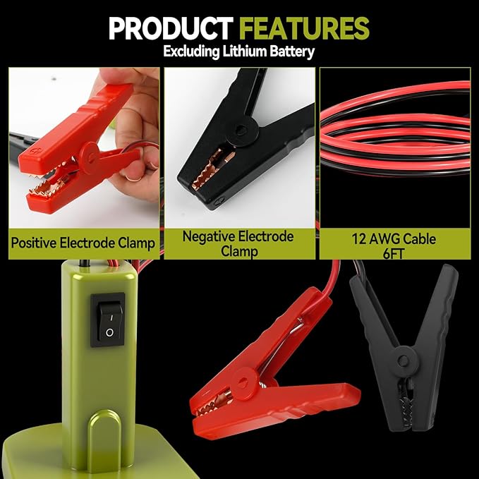 Jumper Cables Adapter Compatible with Ryobi 18V Battery, 12AWG 5.9FT Portable Battery Jump Starter Automotive Booster Cables Power for Car Jump Starting Using Tool