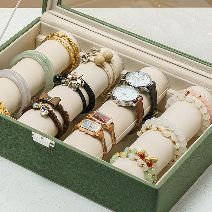 Bracelets Organizer Rods Bangles Display Holder, Clear See through Lid Leather Velvet Jewelry Storage Box Case for Women, 4 R