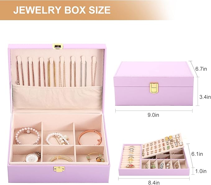 Jewelry Box for Girls Women Leather Jewelry Organizer with Lock Double Layers Jewelry Storage Case Removable Tray for Necklac