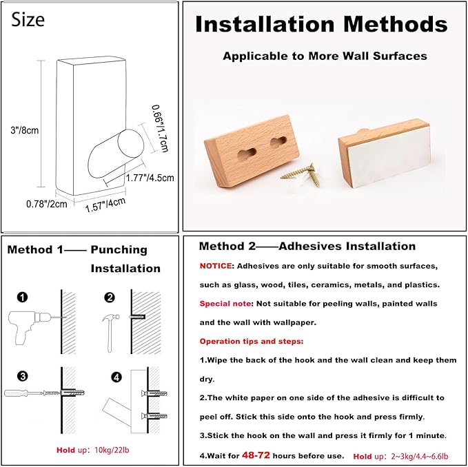 HomeDo Adhesive Wall Hooks Hat Rack, Wooden Coat Hooks Wall Mounted, Decorative Hooks Single Organizer Hat Hanger Towel Rack,