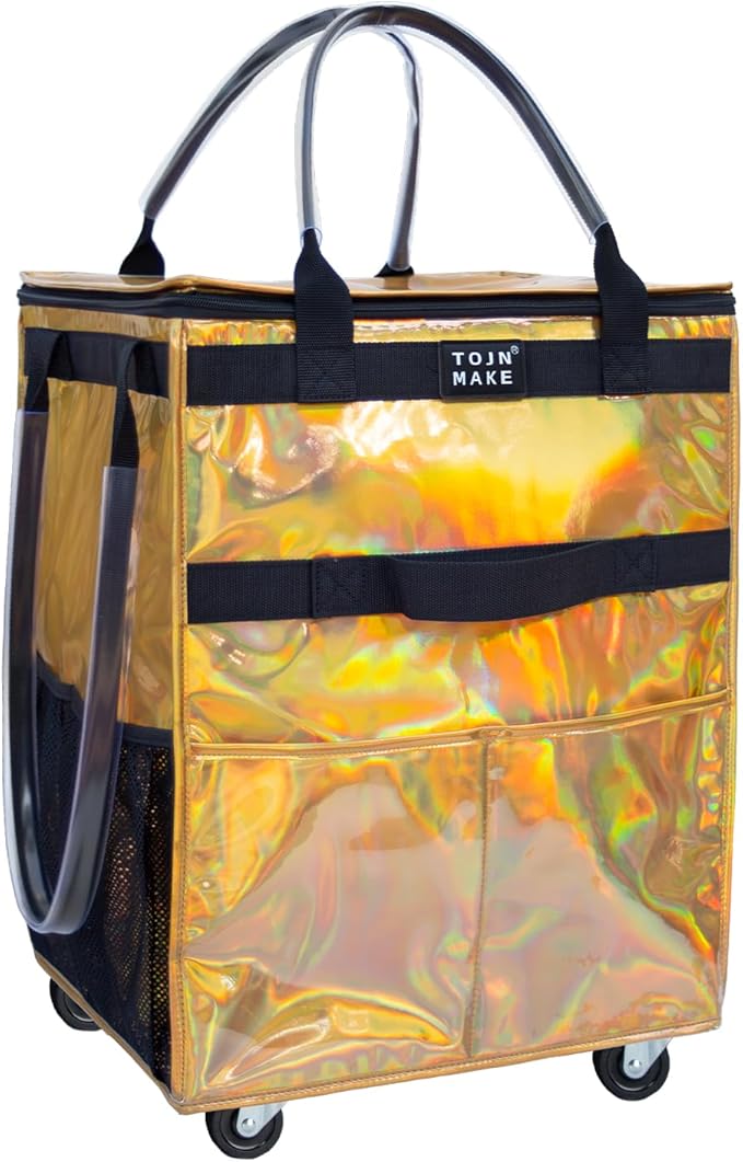Reusable Grocery Bag On Wheels (Medium, Glitter Gold), Shopping Trolley, Rolling Tote with 8 Pockets and Zipper Cover, Foldable, Heavy Duty Handles, Carries Up to 66 LBS