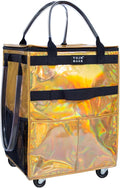 Reusable Grocery Bag On Wheels (Medium, Glitter Gold), Shopping Trolley, Rolling Tote with 8 Pockets and Zipper Cover, Foldable, Heavy Duty Handles, Carries Up to 66 LBS