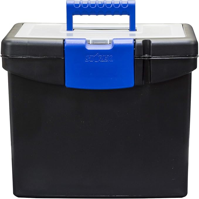 Storex Portable File Box, with Lockable XL Supply Storage Lid and Carry Handle, Black/Blue, 10.9 x 11 x 13.25 Inches, 2-Pack 