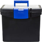 Storex Portable File Box, with Lockable XL Supply Storage Lid and Carry Handle, Black/Blue, 10.9 x 11 x 13.25 Inches, 2-Pack 