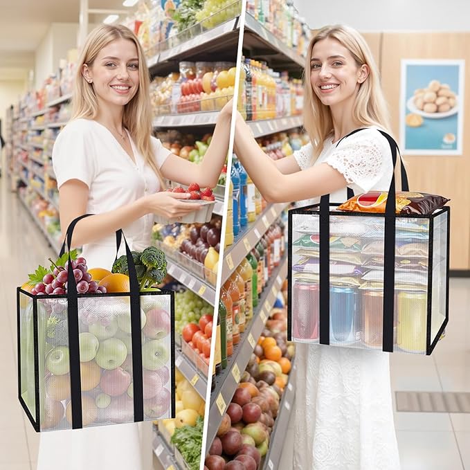 4 Pack Reusable Grocery Bags, Heavy-Duty Shopping Bags with Sturdy Handles, Water-Resistant & Foldable Organizer, Shopping Bags for Groceries, Market, Car Trunk, Multi-Purpose, 33L