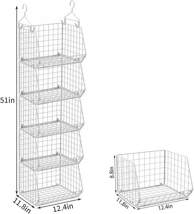 5 Tier Closet Hanging Organizer, Clothes Hanging Shelves with 4 Hanging Hooks 5 S Hooks, Wire Storage Basket Bins, for Clothi