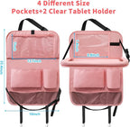 Car Backseat Organizer with Tray, Seat Back Table Holder with 6 Storage Pockets, Car Seat Back Protectors Kick Mats Travel Accessories, 2 Pack Pink
