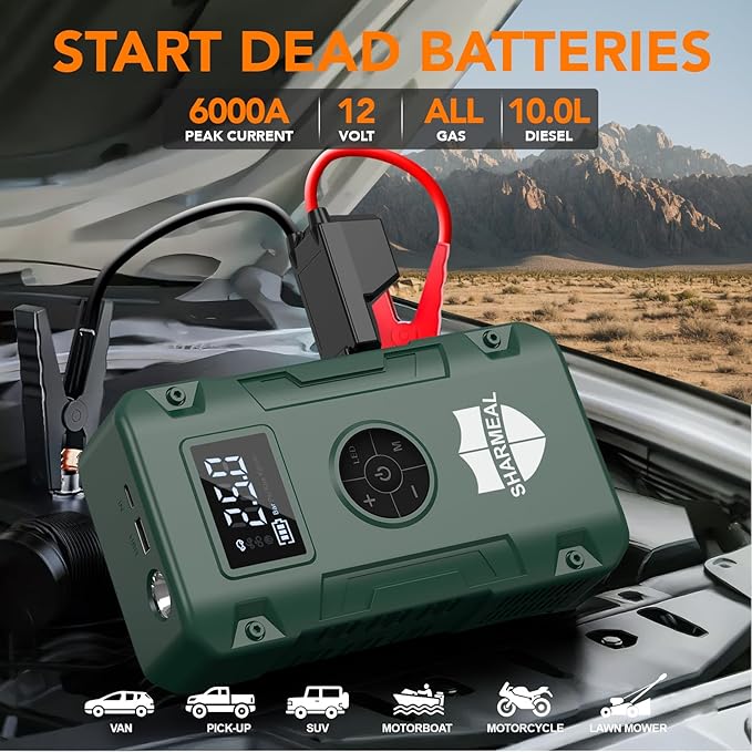 Sharmeal Jump Starter 6000A,12V Car Battery Jump Starter with Air Compressor (Up to All Gas or 10.0L Diesel Engine), Battery Booster with 3 Modes Flashlight and Jumper Cable